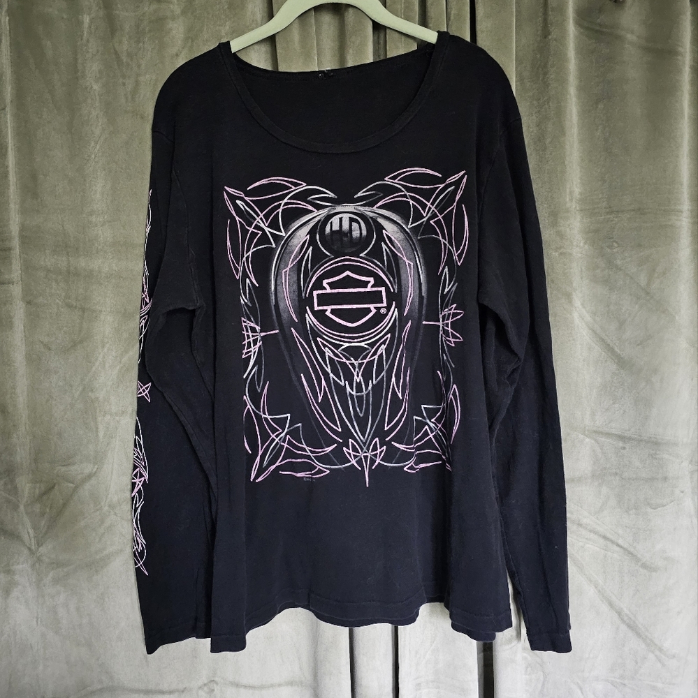 Bikercore Moto Boho Alt Harley Davidson Black & Pink Long Sleeve Logo Tshirt